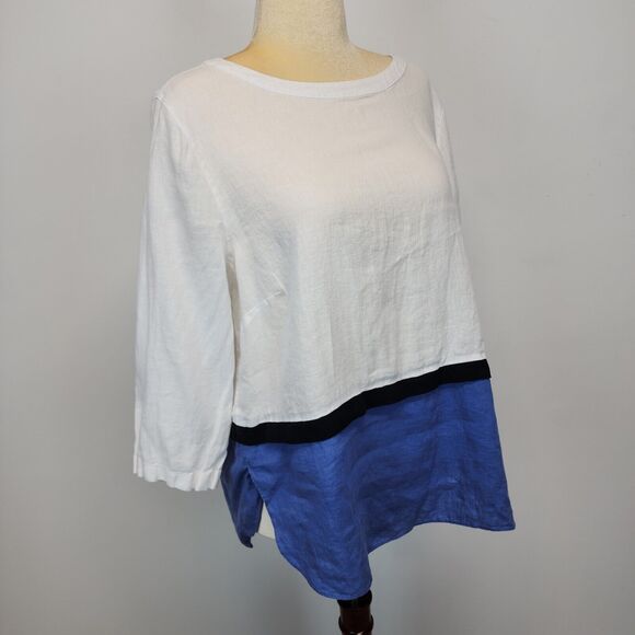 J.Jill Linen Colorblock Tunic Size XL Blue White 3/4 Sleeve Round Neck Coastal - Picture 4 of 16